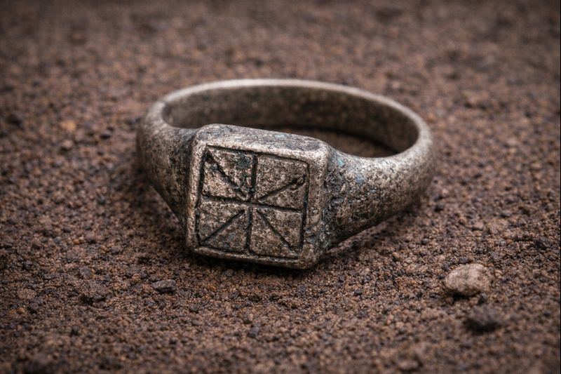 Ancient Silver-Colored Ring with Geometric Symbol